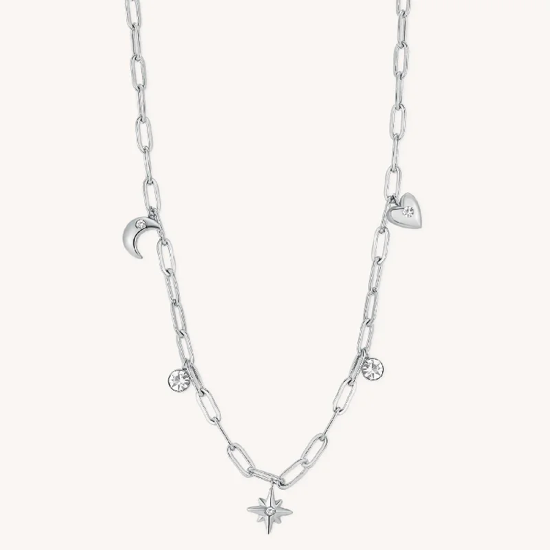 Stainless Steel Link Chain Necklace with Moon, Star & Heart Charms & Crystals