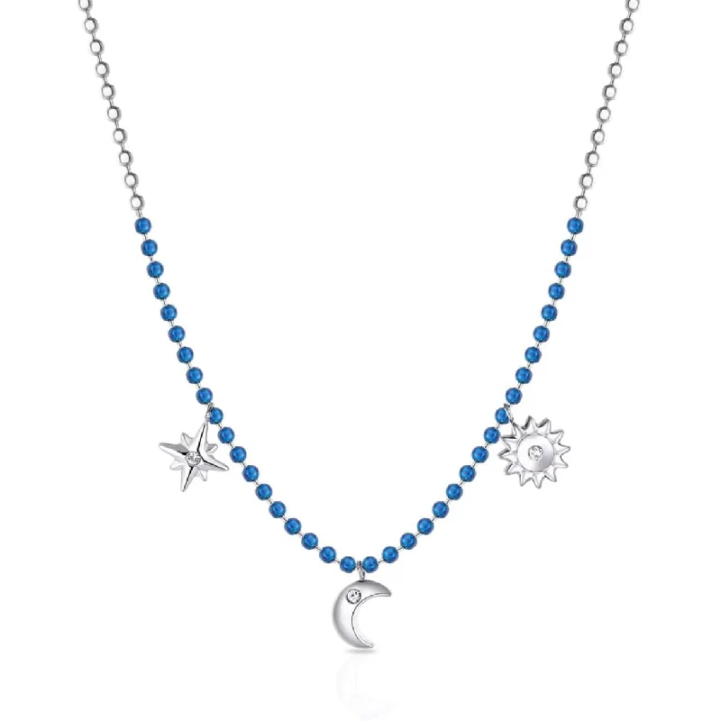 Stainless Steel Necklace with Blue Enamel and Charms