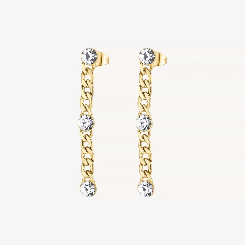 Stainless Steel Gold Tone Chain Drop Earrings with Crystals