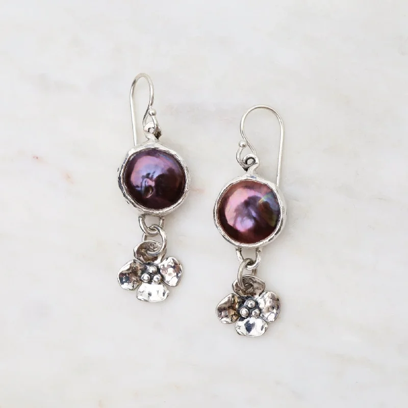 Black Coin Pearl with Dogwood Drop Earrings