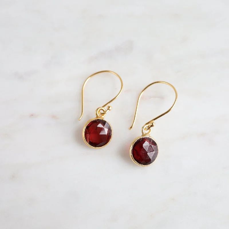 8mm Round Gold Filled Bezel Set Red Garnet Drops Earrings