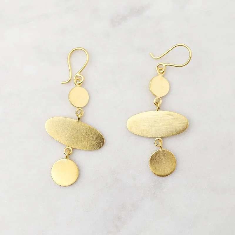 Small Disc & Ellipse Drop Earrings - Gold Plated Brass