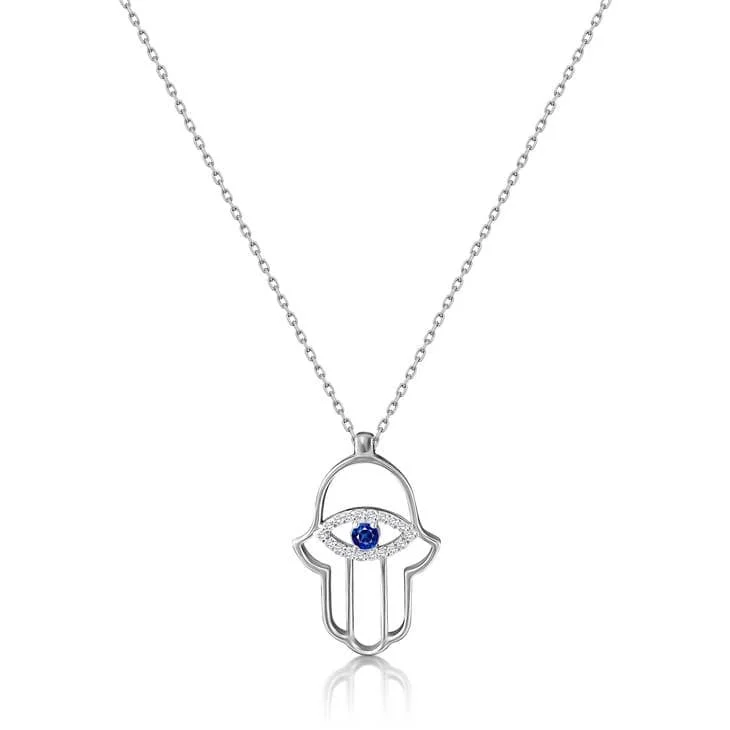 Hamsa Outline Necklace with CZ Evil Eye - Sterling Silver