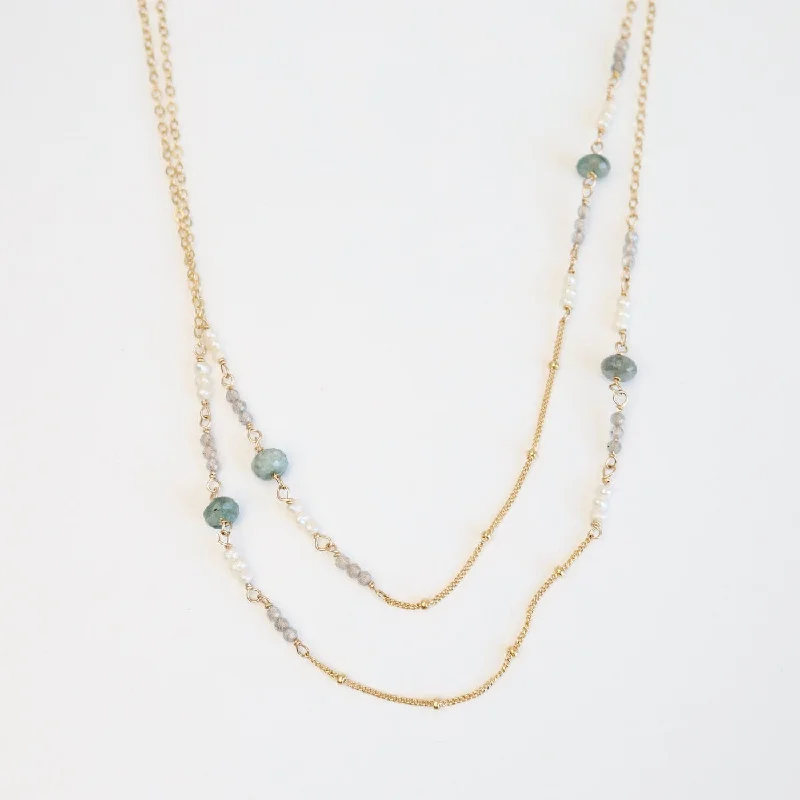 36" Mixed Gold Filled Chain with Stations of Aquamarine Necklace