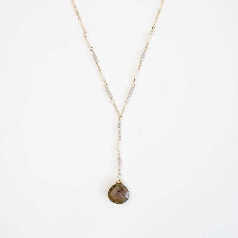 Gold Filled Long "Y" drop Necklace with Labradorite