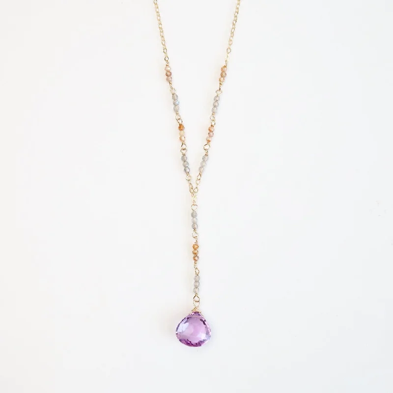 Gold Filled Long "Y" drop Necklace with Pink Amethyst