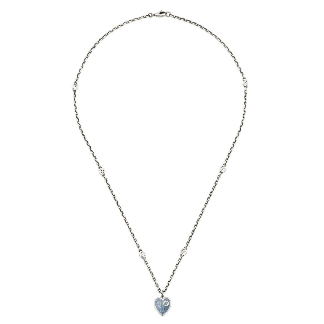 Gucci Sterling Silver and Blue Enamel Extra Small Heart Necklace, 20 inch