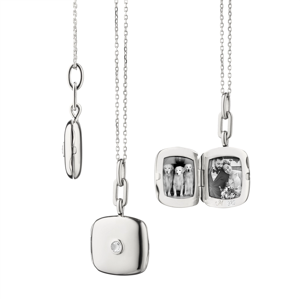 Monica Rich Kosann Sterling Silver Slim Cushion Locket Necklace with Rose Cut White Sapphire