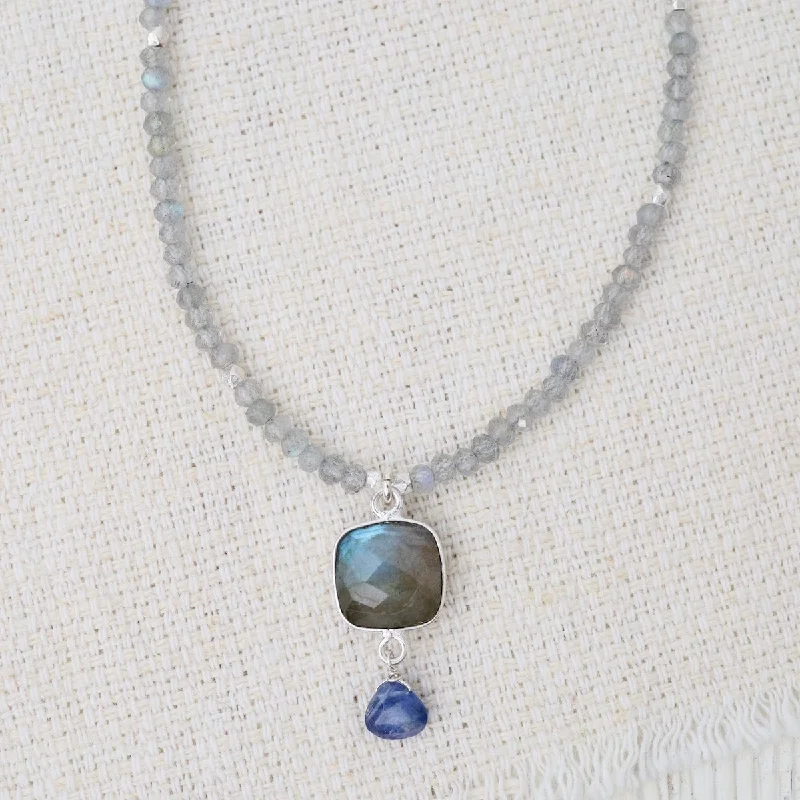 Silver Labradorite Square Link Necklace