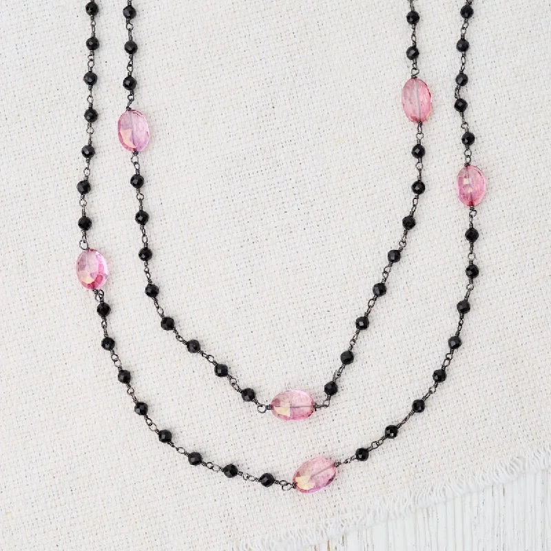 42" Oxidized Silver Pink Quartz Bead Chain Necklace