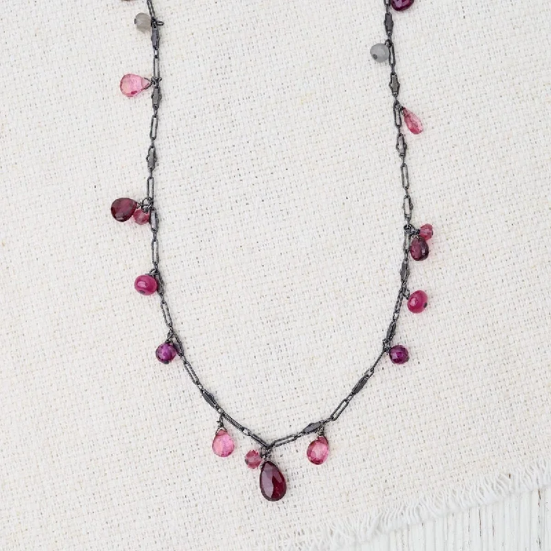 Oxidized Silver Garnet & Tourmaline Rain Drops Necklace