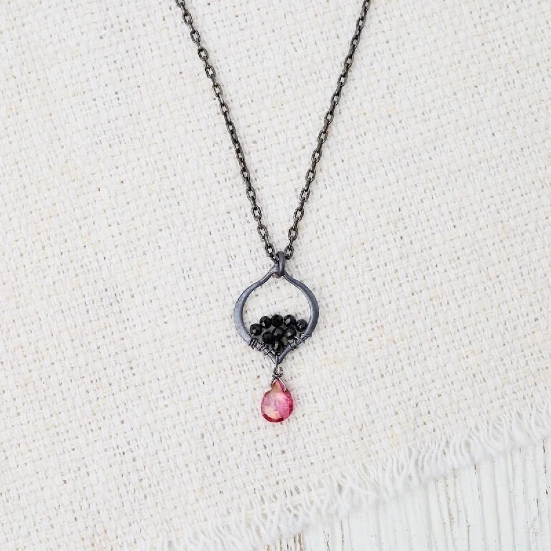 Tiny Oxidized Silver Arabesque Necklace in Pink Quartz