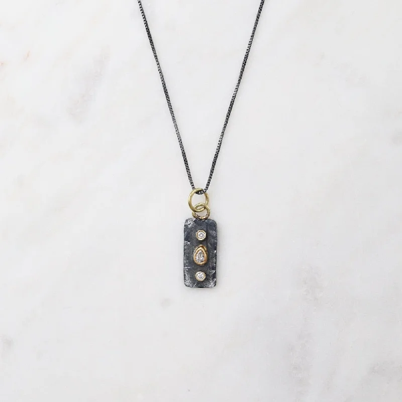 Triple Stone Rectangle Necklace - Oxidized Silver & 18k with Diamonds