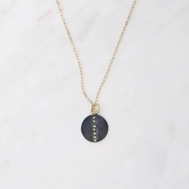 Gold Dot Disc Necklace- Oxidized Silver & 18k Gold Kinetic Dots