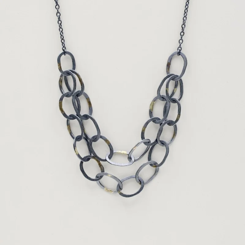 Double Linked Chain Necklace - Oxidized Silver with 18k Gold