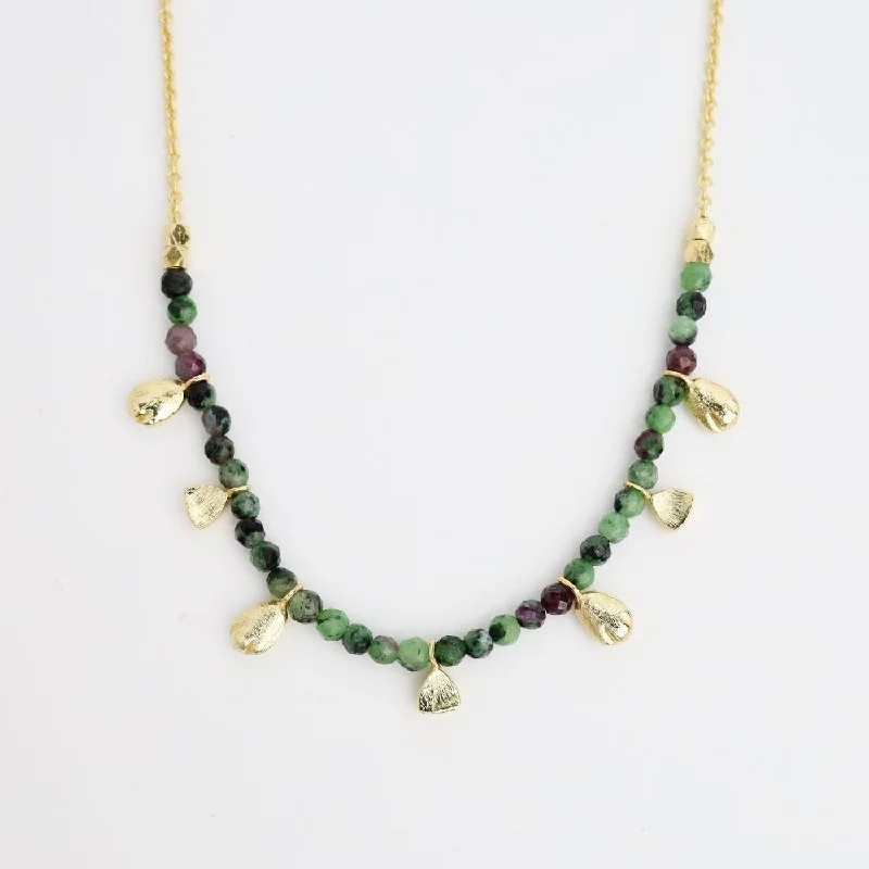 Zoisite Dark Green Beaded Gold Nuggets Necklace