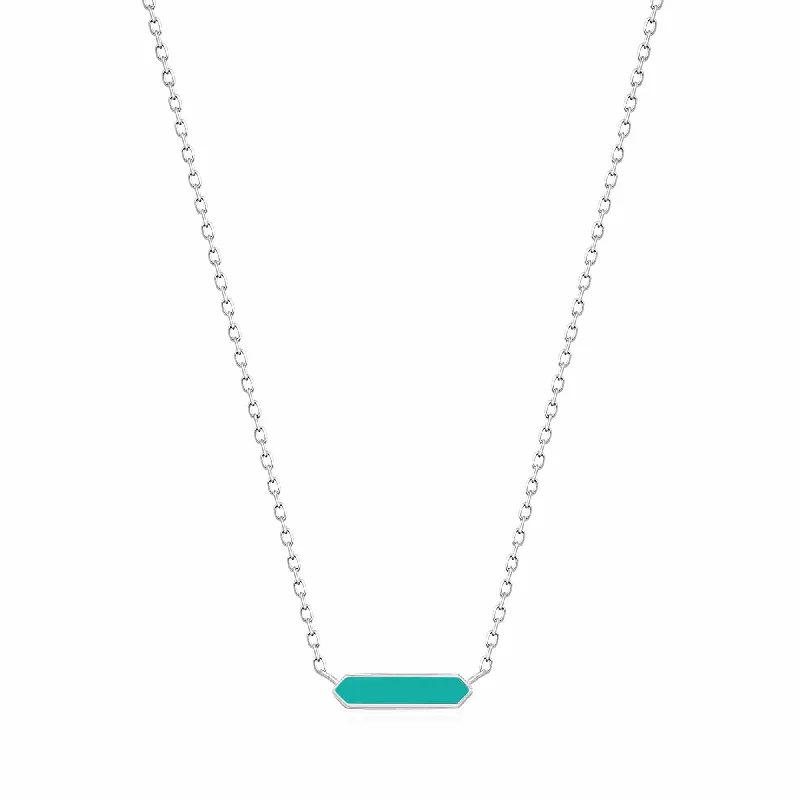 Teal Enamel Bar Silver Necklace