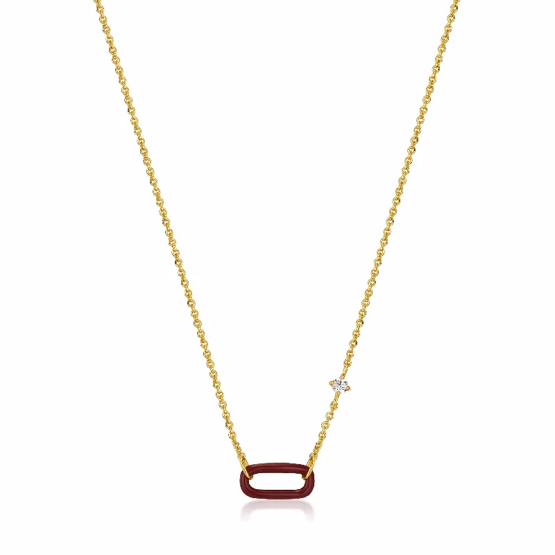 Claret Red Enamel Gold Link Necklace