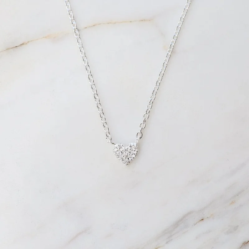 Very Tiny Pave Heart Necklace in Sterling Silver