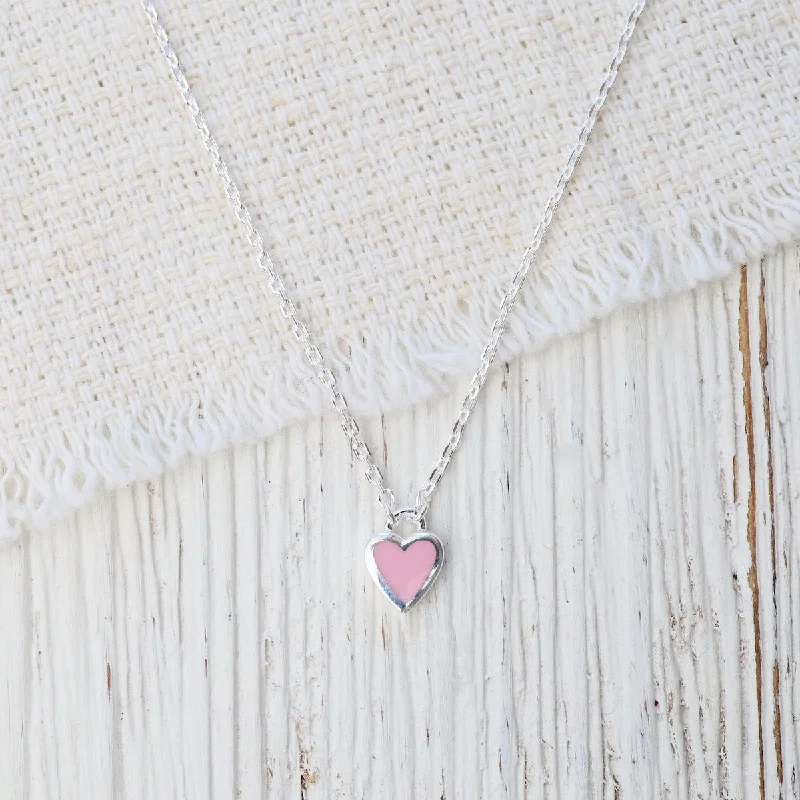 Pink Enamel Heart Necklace in Sterling Silver