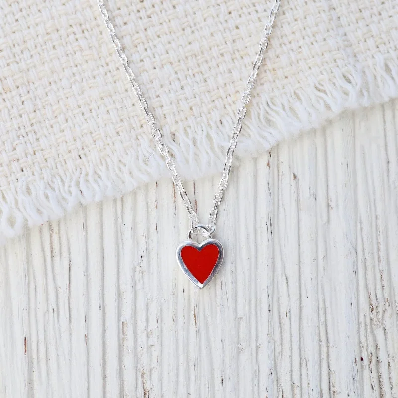 Red Enamel Heart Necklace in Sterling Silver