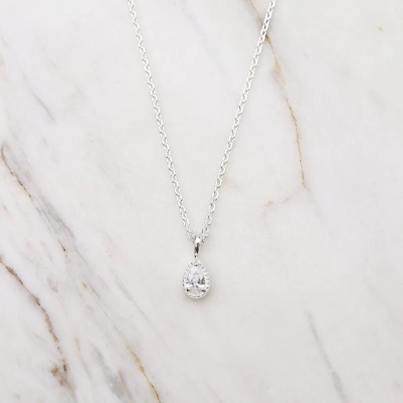 Pear Cut CZ with Milgrain Edge Necklace - Sterling Silver