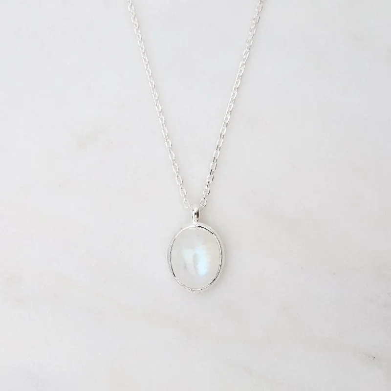 Oval Cabochon Rainbow Moonstone Necklace - Sterling Silver