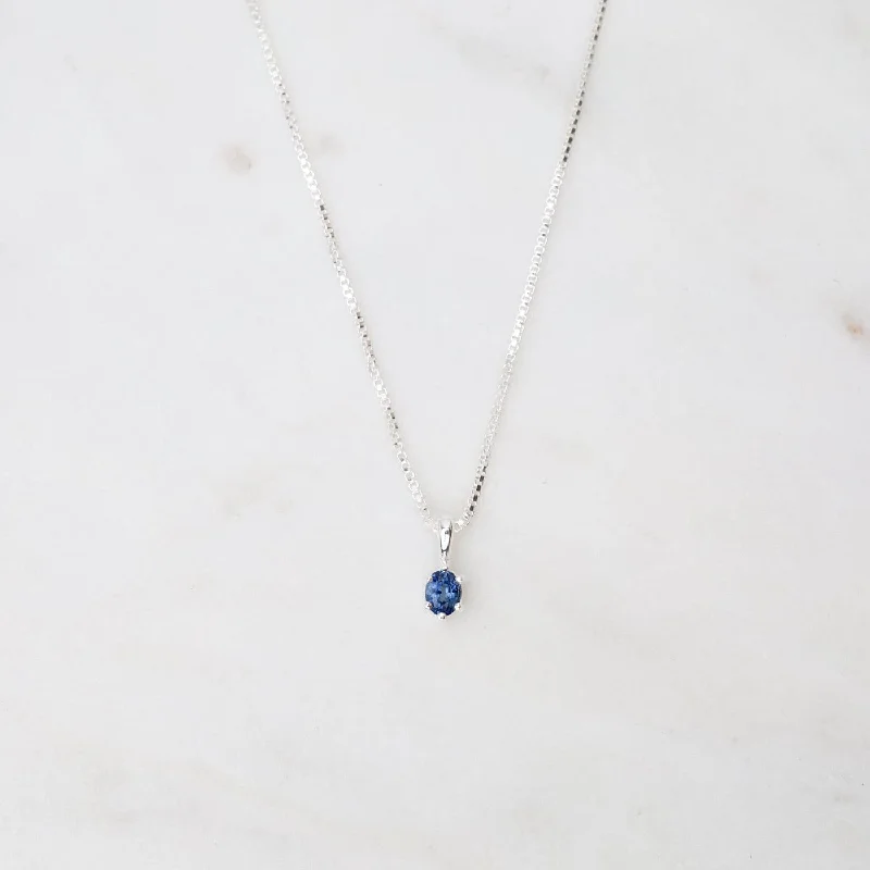 Oval Claw-set Blue Sapphire Necklace - Sterling Silver