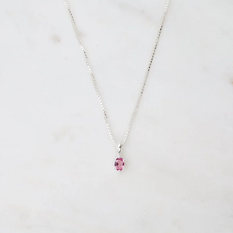 Oval Claw-set Pink Sapphire Necklace - Sterling Silver