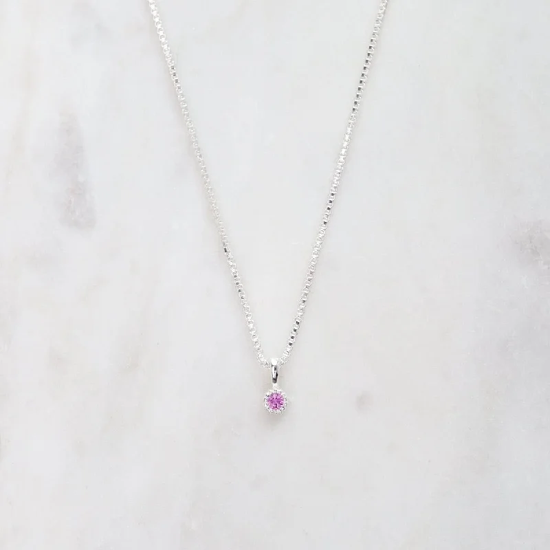 Pink Sapphire with Milgrain Edge Necklace - Sterling Silver