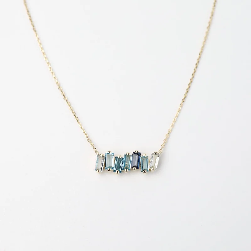 Yellow Gold Mixed Blue Baguette Bar Necklace