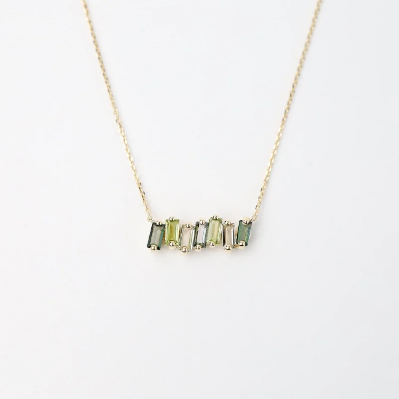 Yellow Gold Mixed Green Baguette Bar Necklace