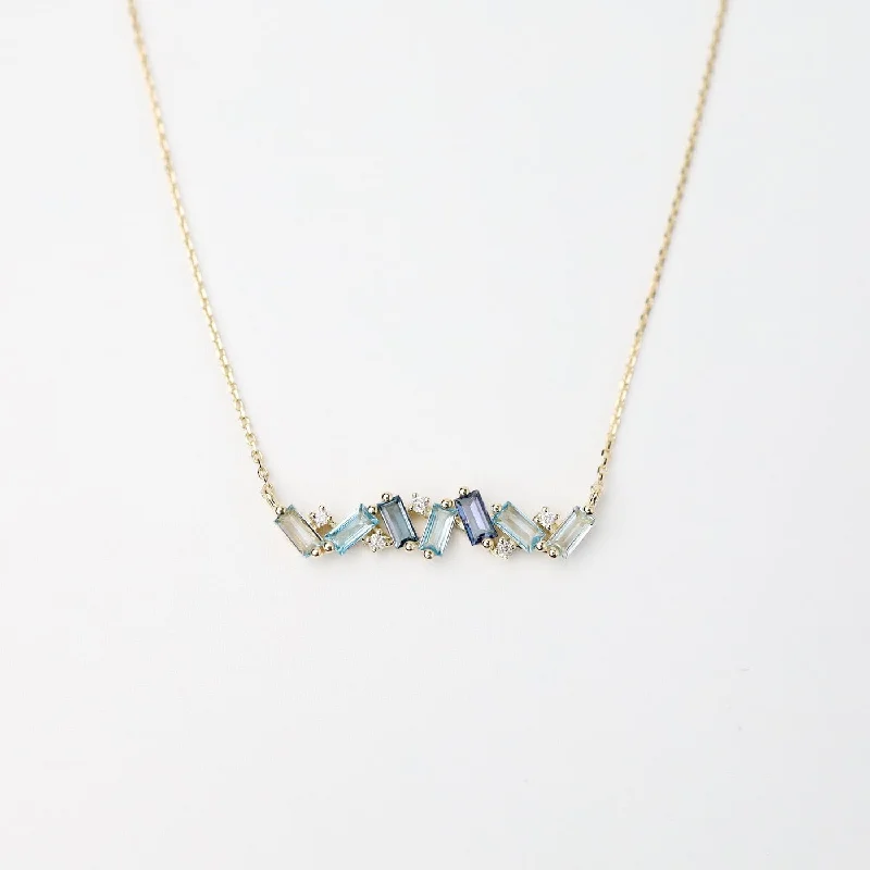 Yellow Gold Frenesia Mixed Blue Topaz Bar Necklace