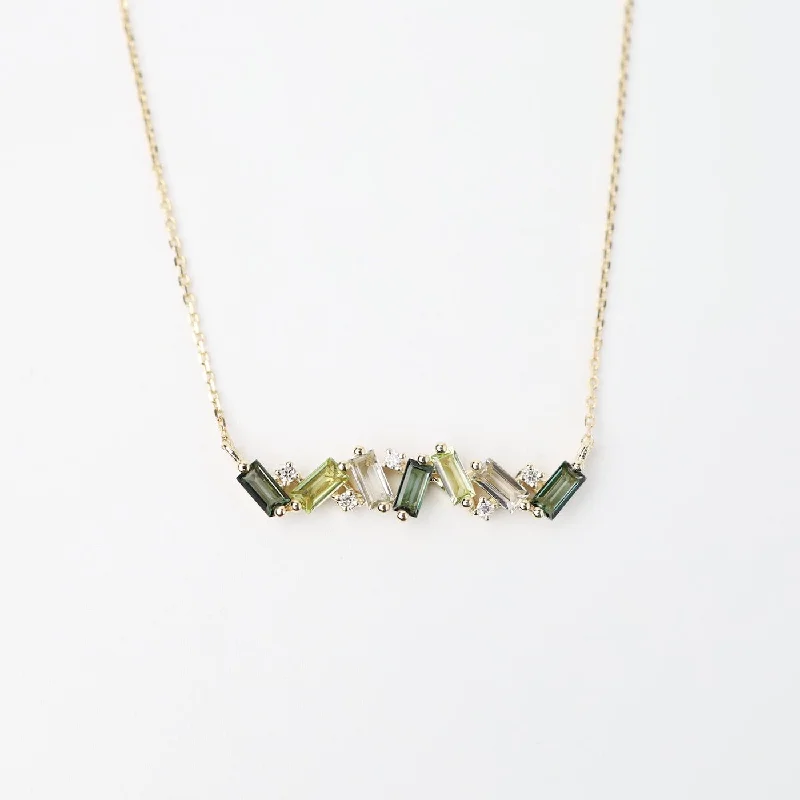 Yellow Gold Frenesia Mixed Green Topaz Bar Necklace