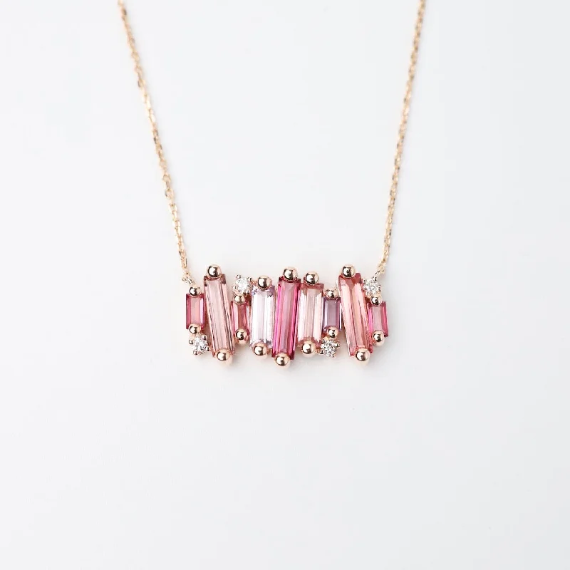 Rose Gold Mixed Pink Topaz Large Baguette Bar Necklace