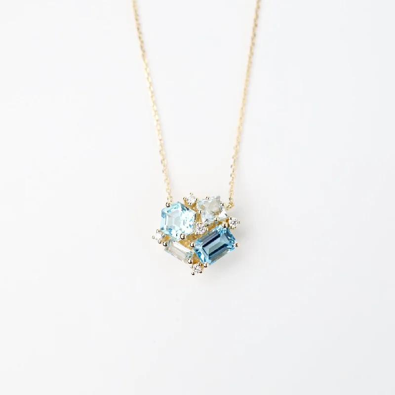 Yellow Gold Blue Cluster Necklace