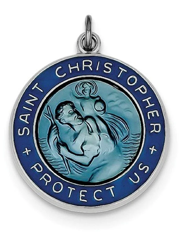 Rhodium-Plated Sterling Silver Enameled St. Christopher Medal Charm Pendant (26X20 MM)