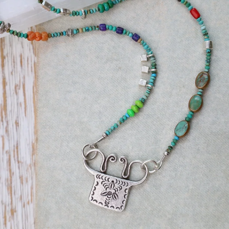 Silver Turquoise Trilogy with Windmill Spirit Lock Necklace